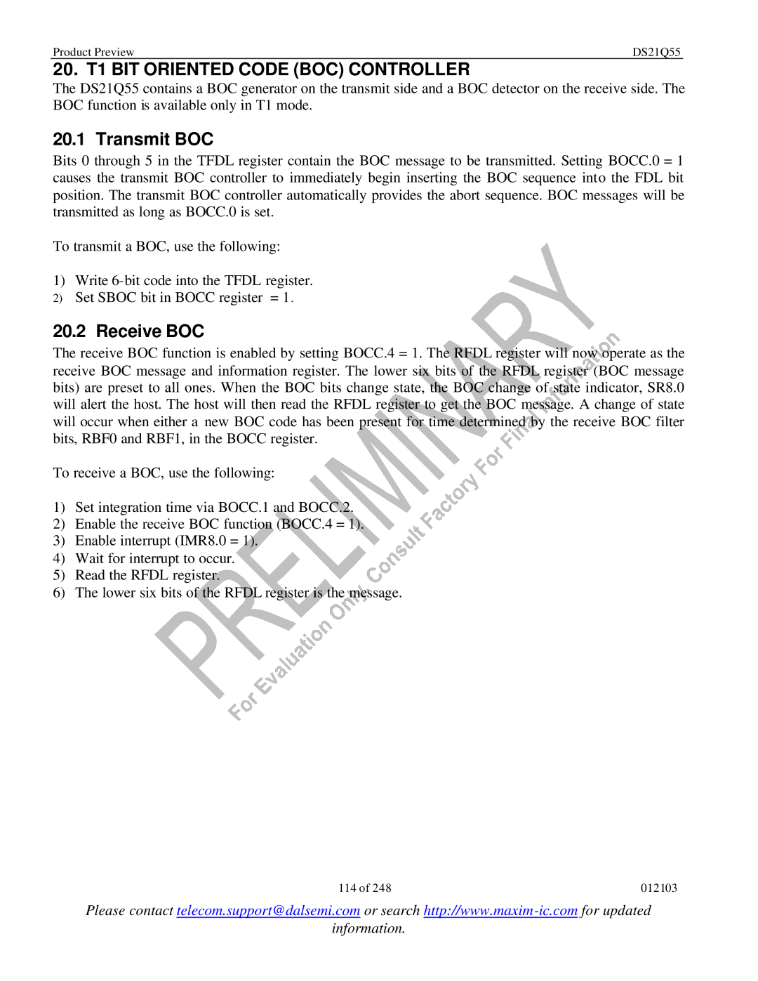 Maxim DS21Q55 specifications 20. T1 BIT Oriented Code BOC Controller, Transmit BOC, Receive BOC 