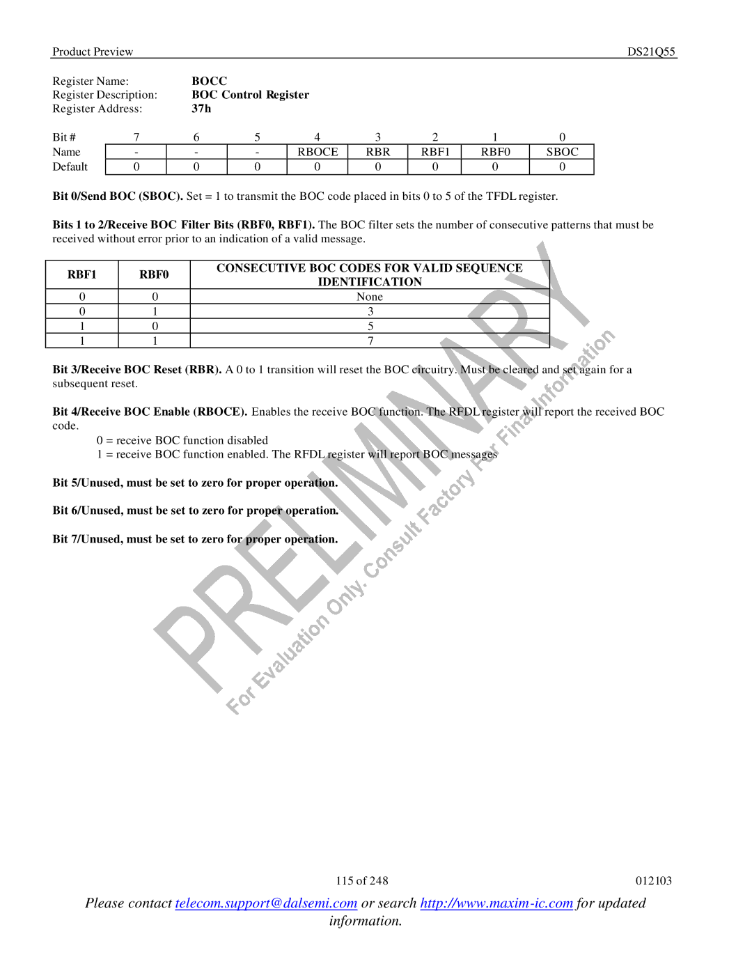 Maxim DS21Q55 specifications Bocc, BOC Control Register, 37h, Rboce RBR RBF1 RBF0 Sboc 