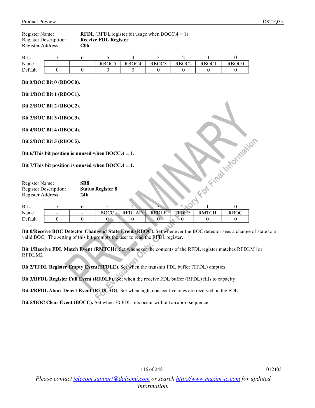 Maxim DS21Q55 specifications Receive FDL Register, C0h, SR8, 24h 