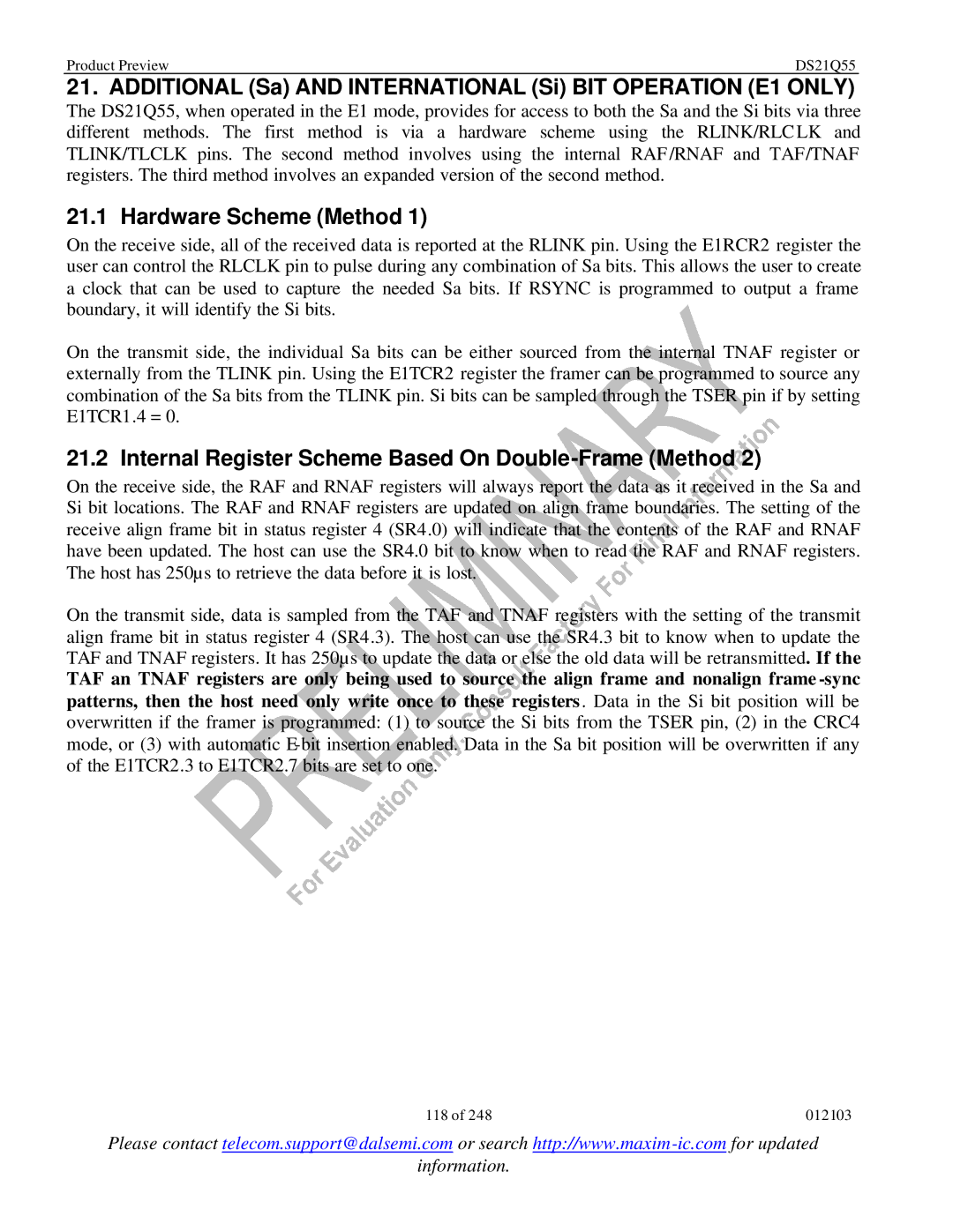 Maxim DS21Q55 specifications Additional Sa and International Si BIT Operation E1 only, Hardware Scheme Method 