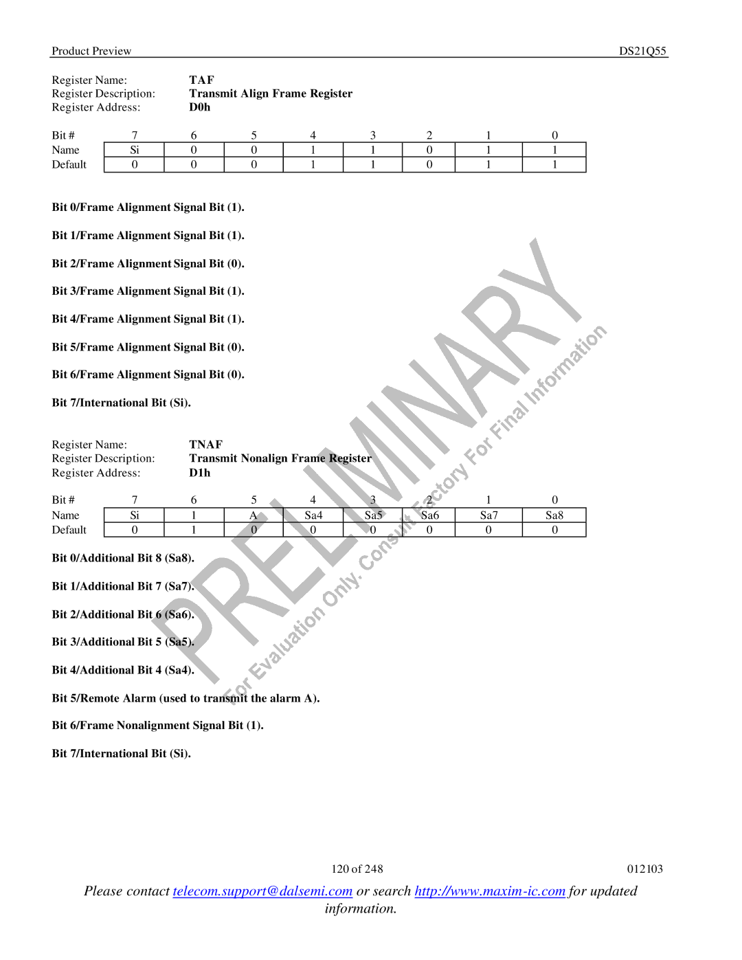 Maxim DS21Q55 specifications Taf, Tnaf 