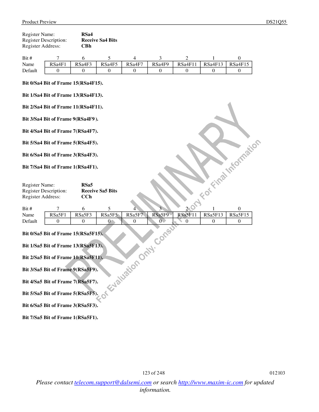 Maxim DS21Q55 specifications RSa4, Receive Sa4 Bits, CBh, RSa5, Receive Sa5 Bits, CCh 