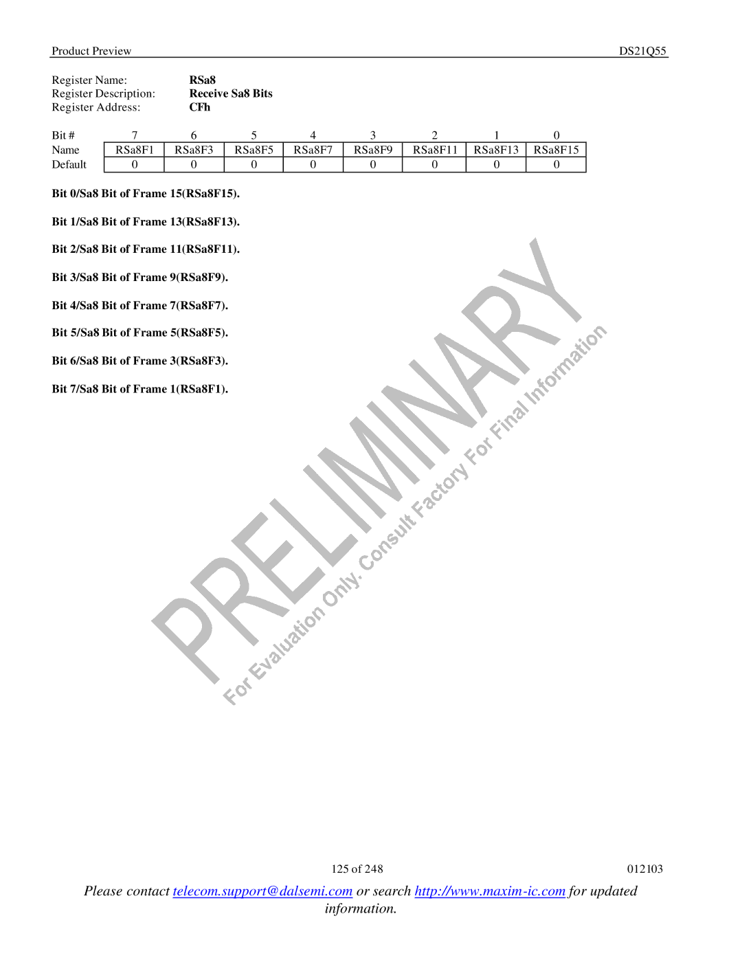 Maxim DS21Q55 specifications RSa8, Receive Sa8 Bits, CFh 