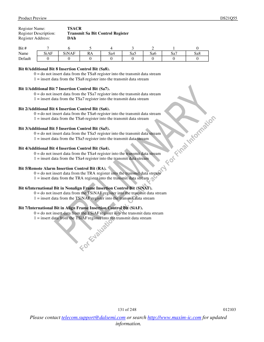 Maxim DS21Q55 specifications Tsacr 