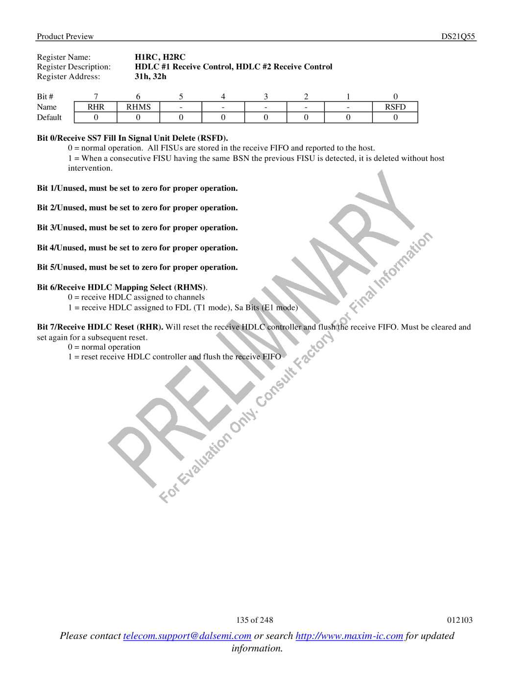 Maxim DS21Q55 specifications H1RC, H2RC, Hdlc #1 Receive Control, Hdlc #2 Receive Control, 31h, 32h, RHR Rhms Rsfd 