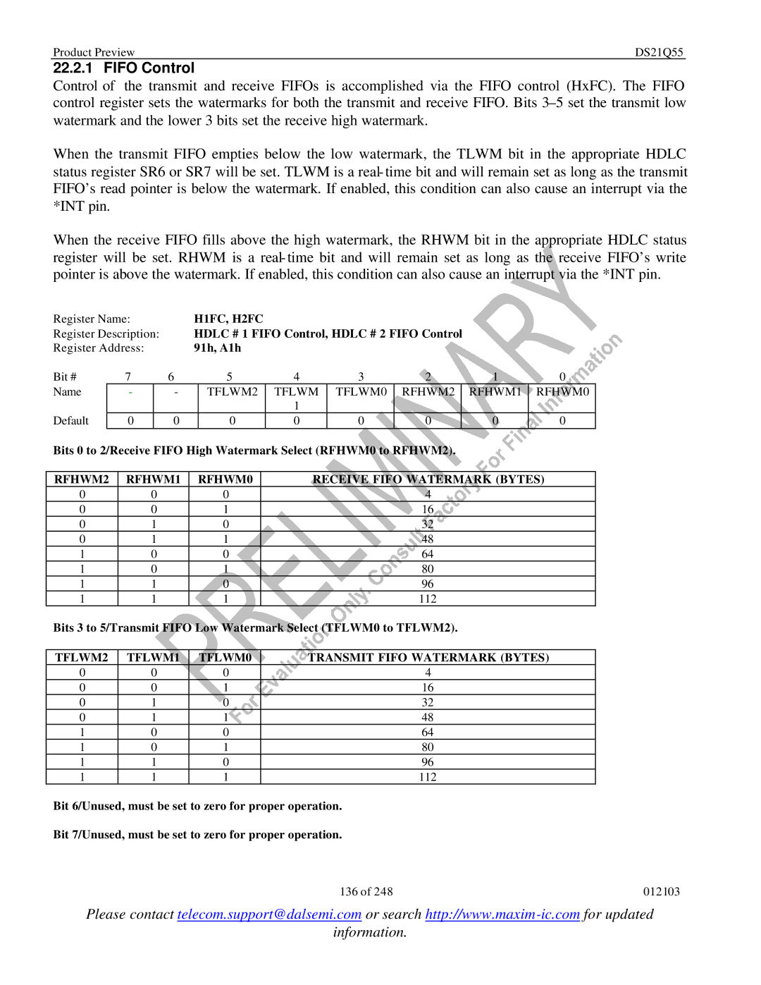 Maxim DS21Q55 specifications Fifo Control, H1FC, H2FC, RFHWM2 RFHWM1 RFHWM0 Receive Fifo Watermark Bytes 