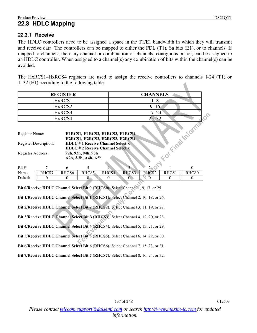 Maxim DS21Q55 specifications Hdlc Mapping, Receive, Register Channels, H2RCS1, H2RCS2, H2RCS3, H2RCS4 