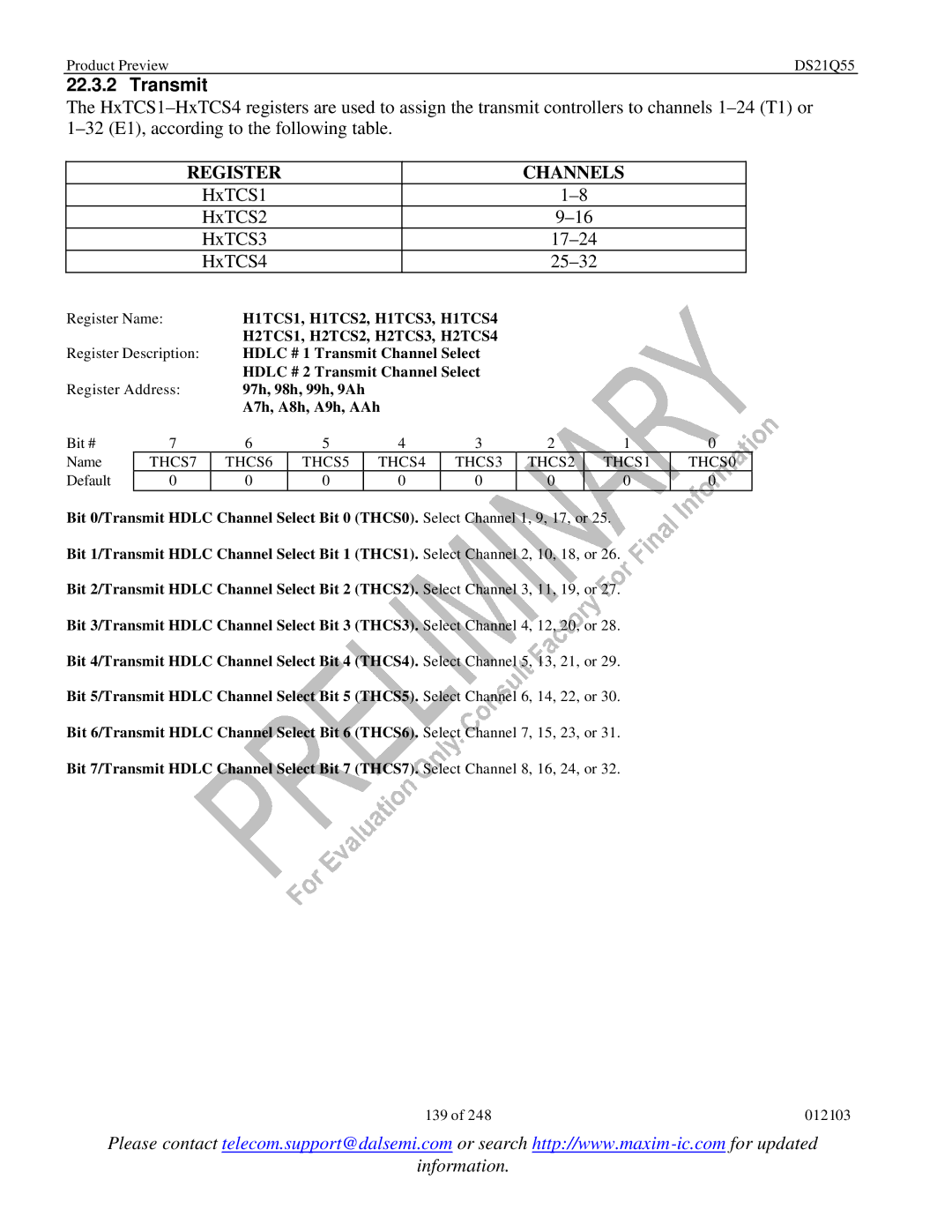 Maxim DS21Q55 Transmit, 97h, 98h, 99h, 9Ah A7h, A8h, A9h, AAh, THCS7 THCS6 THCS5 THCS4 THCS3 THCS2 THCS1 THCS0 