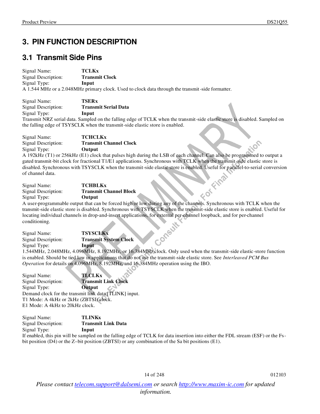 Maxim DS21Q55 specifications PIN Function Description, Transmit Side Pins 