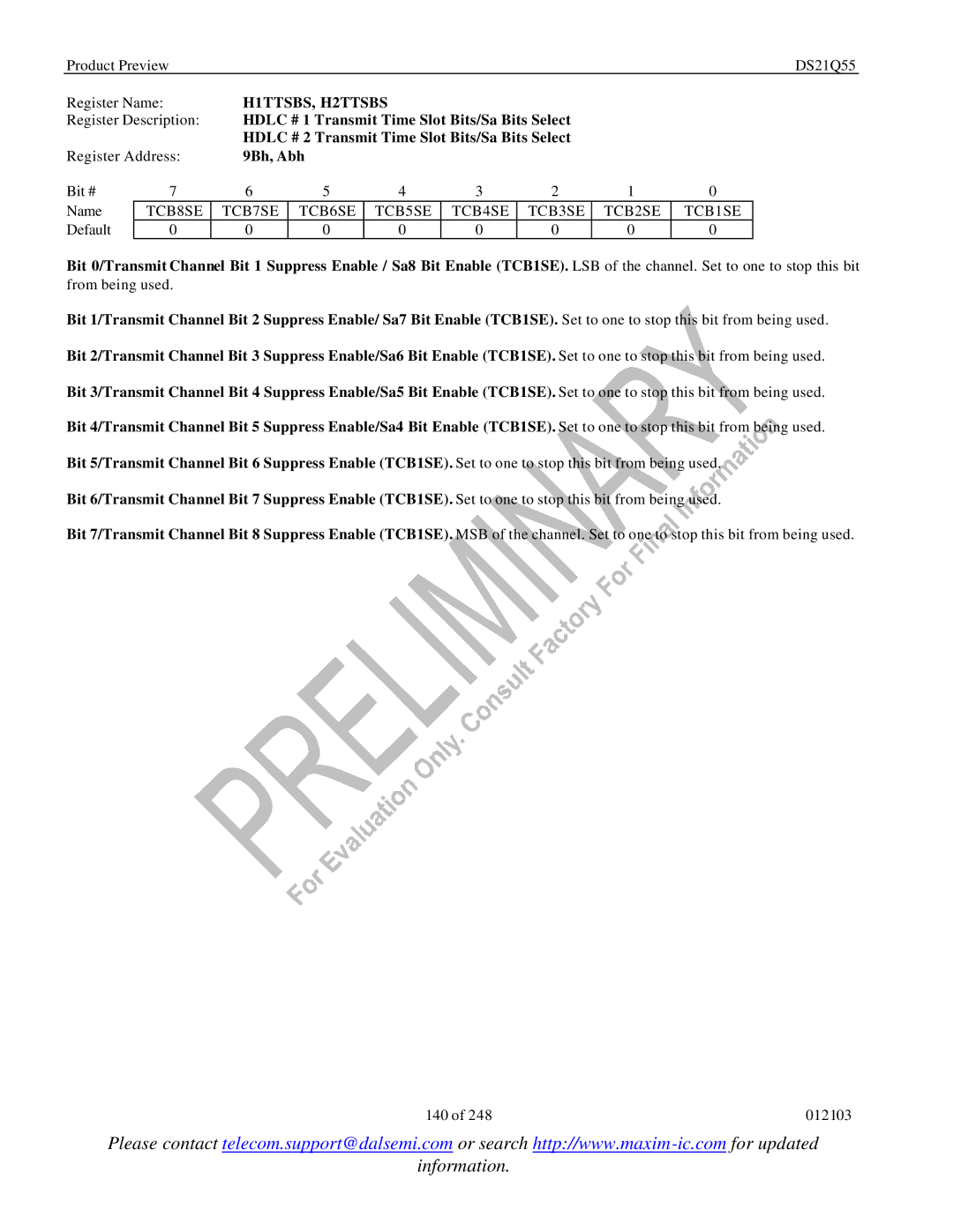 Maxim DS21Q55 specifications H1TTSBS, H2TTSBS, 9Bh, Abh, TCB8SE TCB7SE TCB6SE TCB5SE TCB4SE TCB3SE TCB2SE TCB1SE 