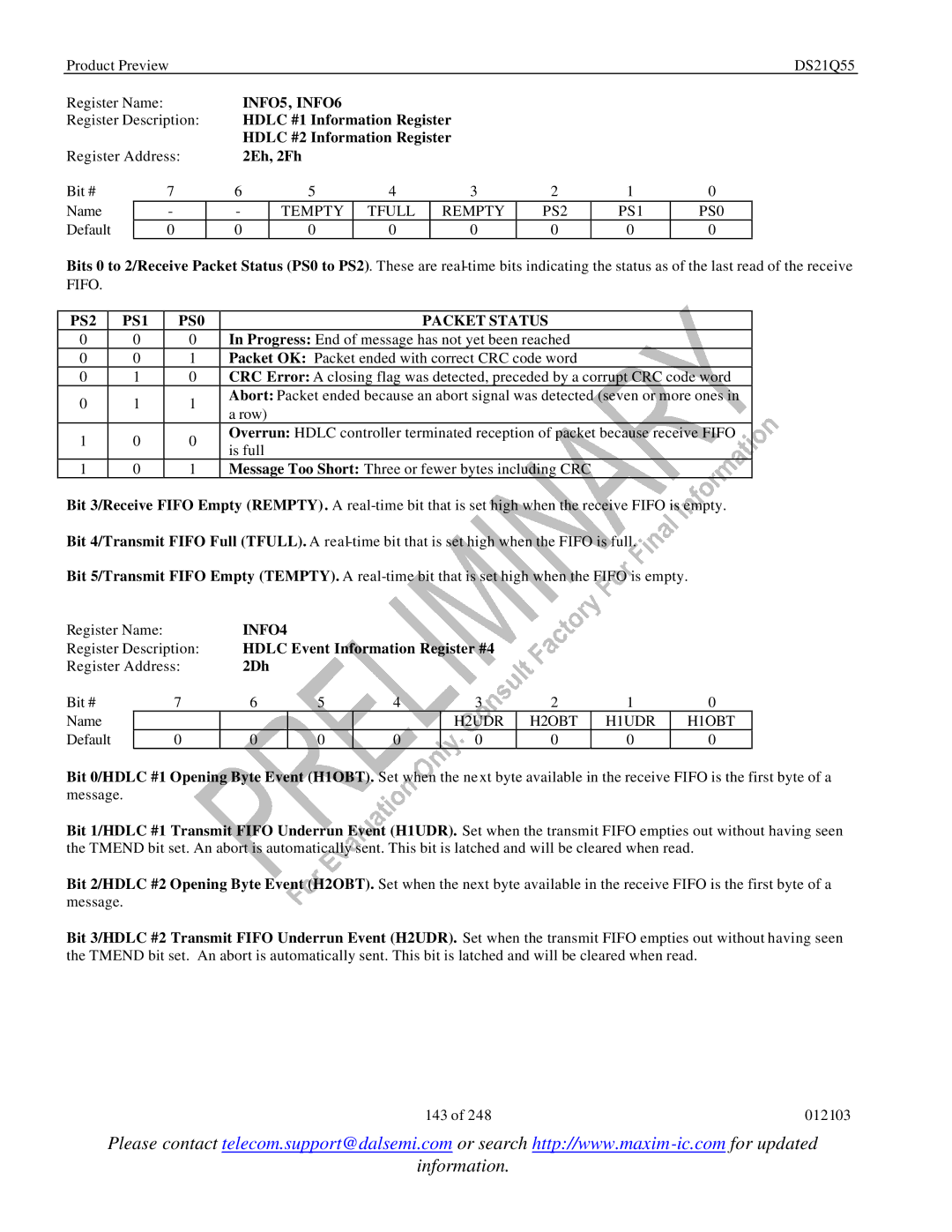 Maxim DS21Q55 specifications INFO5, INFO6, PS2 PS1 PS0 Packet Status, INFO4 