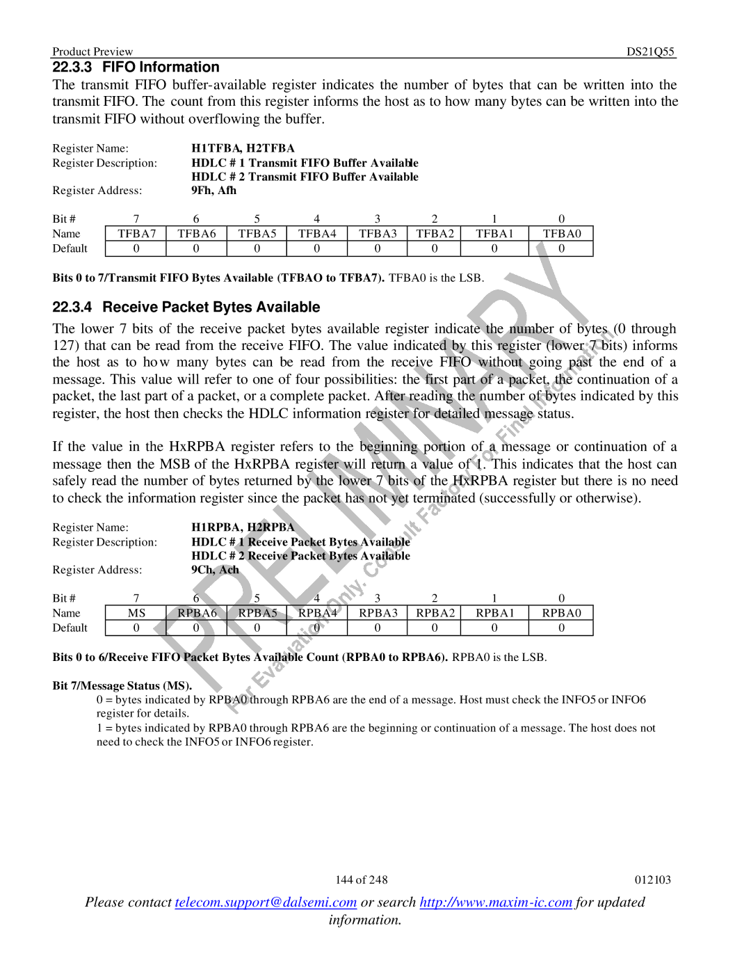 Maxim DS21Q55 specifications Fifo Information, Receive Packet Bytes Available, H1TFBA, H2TFBA, H1RPBA, H2RPBA 