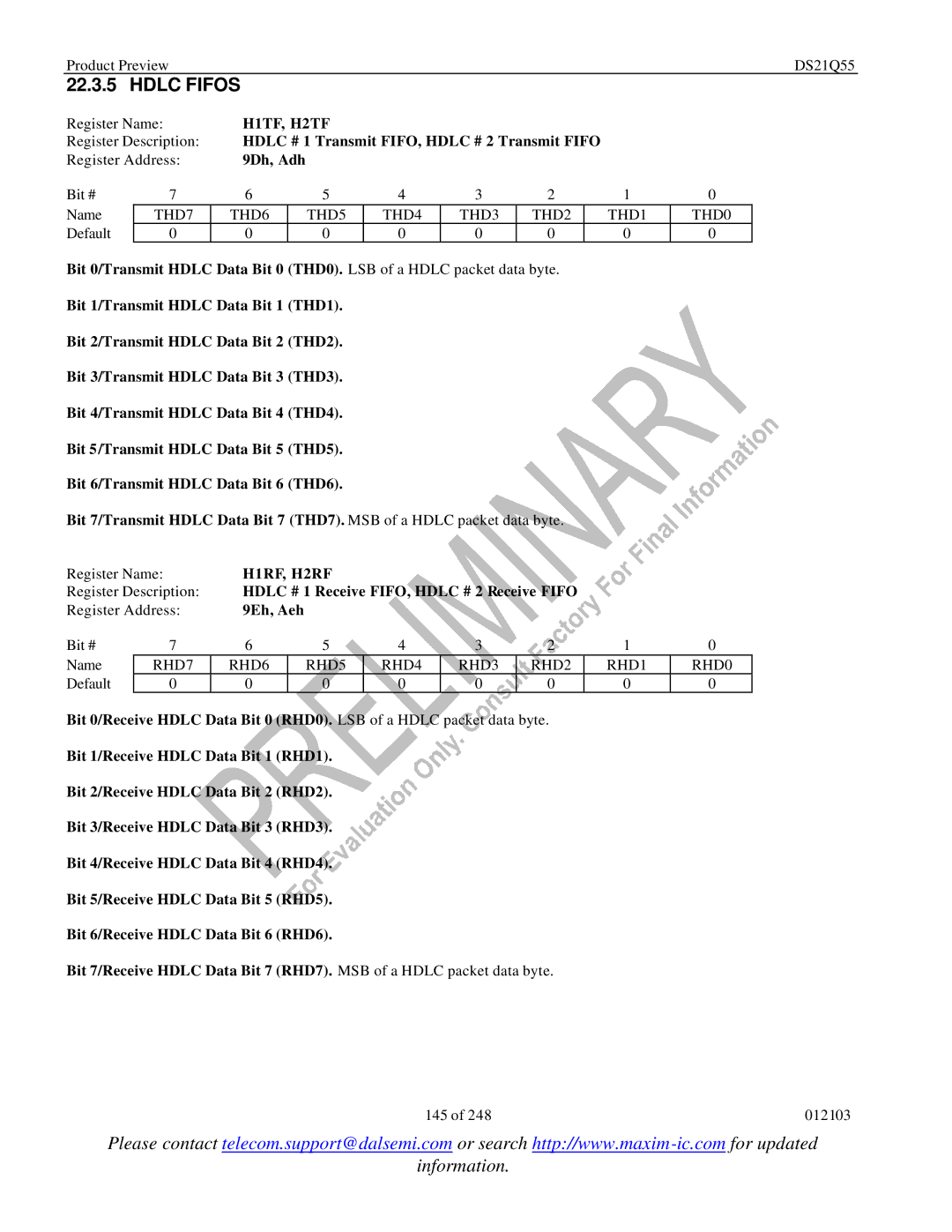 Maxim DS21Q55 specifications 22.3.5, H1TF, H2TF, H1RF, H2RF 