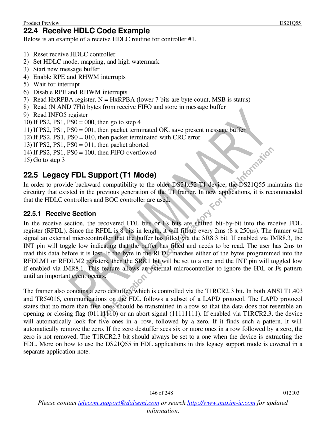 Maxim DS21Q55 specifications Receive Hdlc Code Example, Legacy FDL Support T1 Mode, Receive Section 