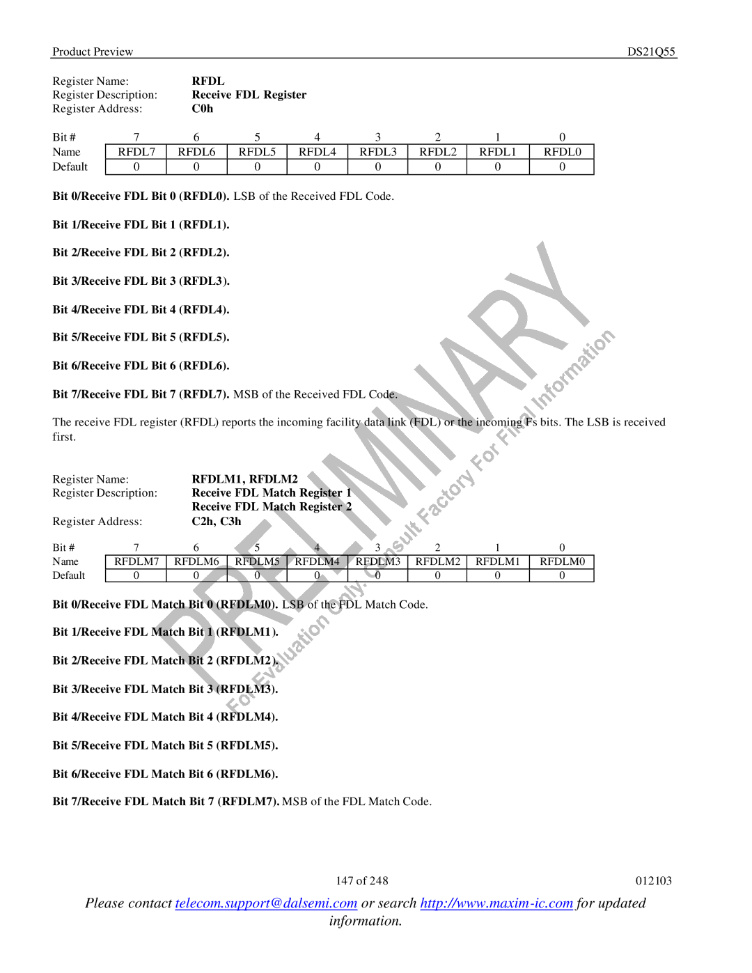 Maxim DS21Q55 specifications Rfdl, RFDL7 RFDL6 RFDL5 RFDL4 RFDL3 RFDL2 RFDL1 RFDL0, RFDLM1, RFDLM2 