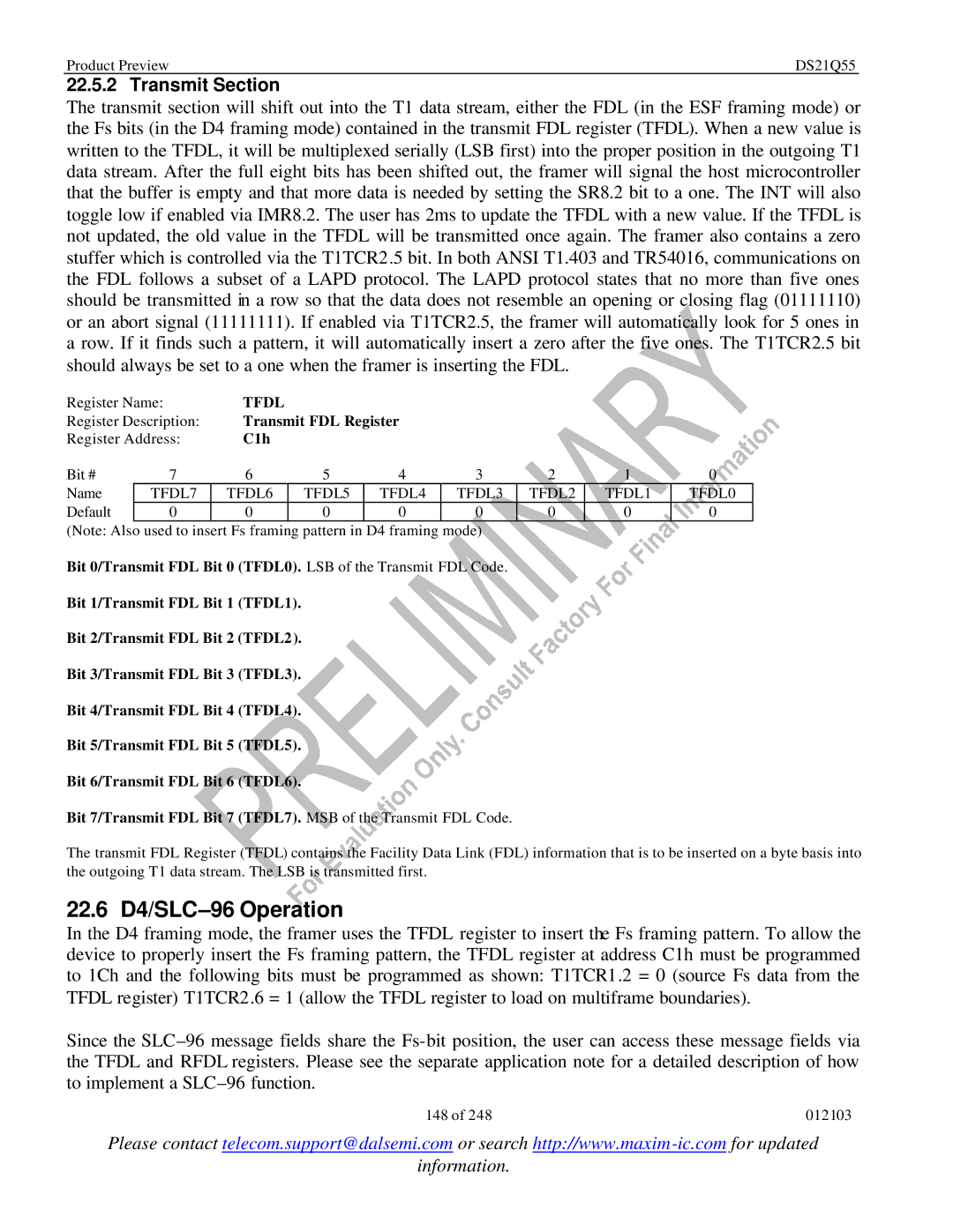 Maxim DS21Q55 specifications 22.6 D4/SLC-96 Operation, Transmit Section, Tfdl, Transmit FDL Register, C1h 