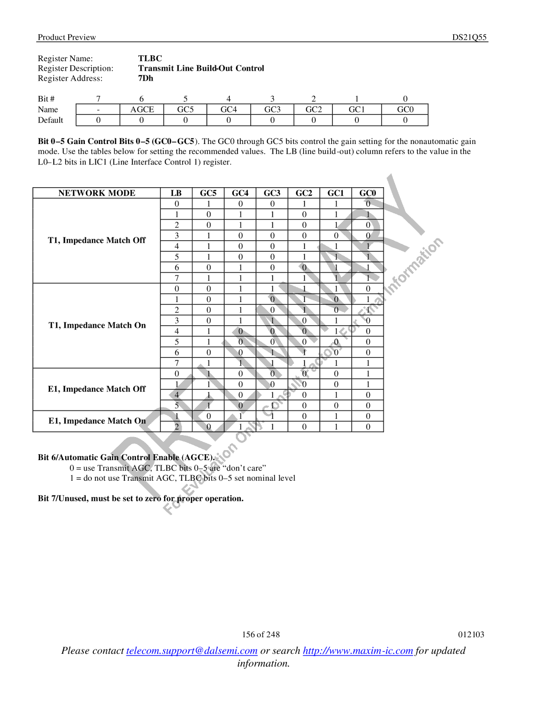 Maxim DS21Q55 specifications Tlbc, Transmit Line Build-Out Control, 7Dh, Agce GC5 GC4 GC3 GC2 GC1 GC0 