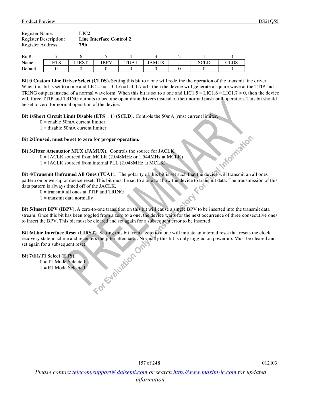 Maxim DS21Q55 specifications LIC2, 79h, ETS Lirst Ibpv TUA1 Jamux Scld Clds, Bit 7/E1/T1 Select ETS 