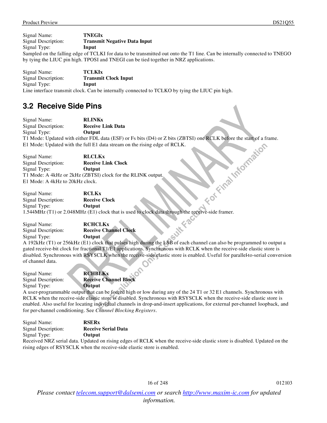 Maxim DS21Q55 specifications Receive Side Pins 