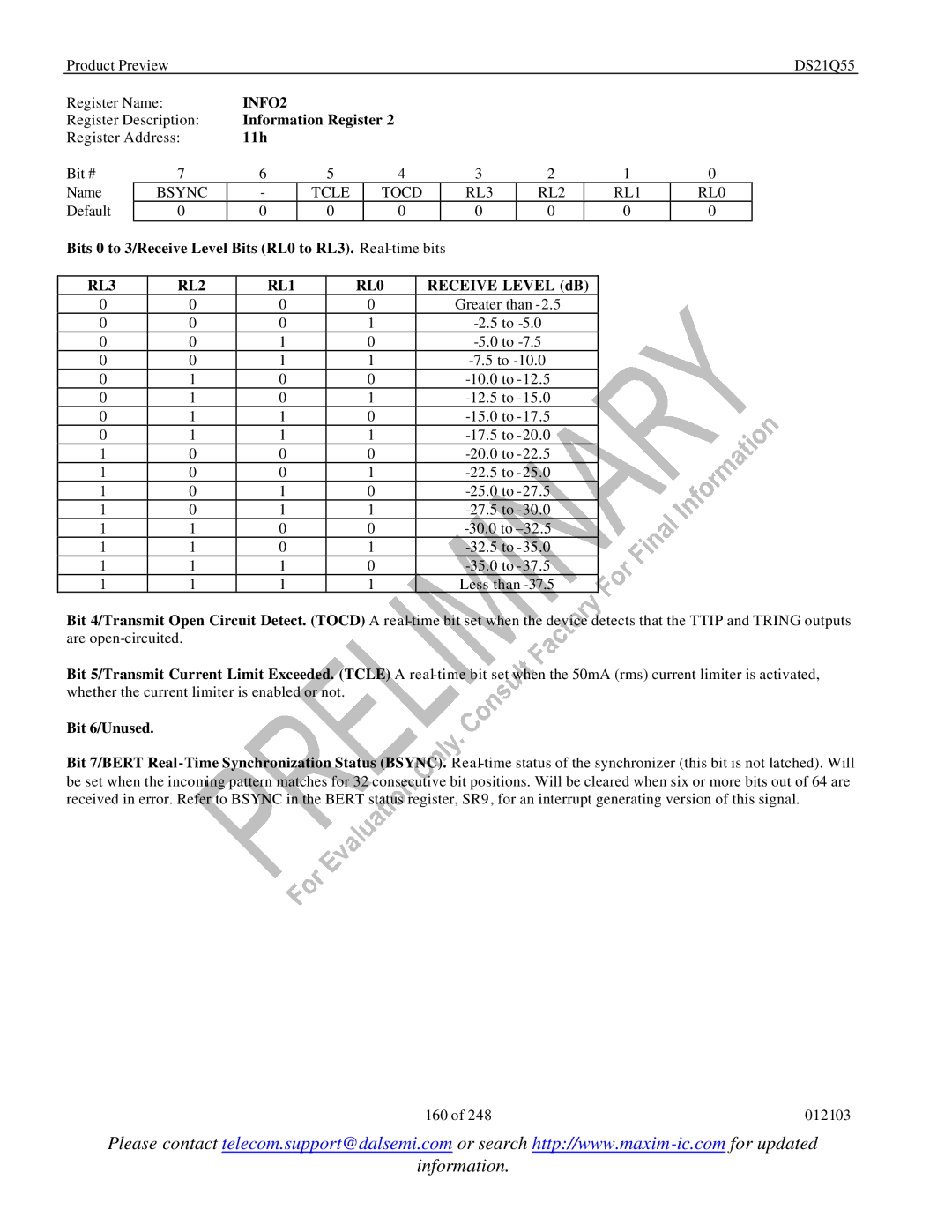 Maxim DS21Q55 specifications INFO2, RL3 RL2 RL1 RL0 