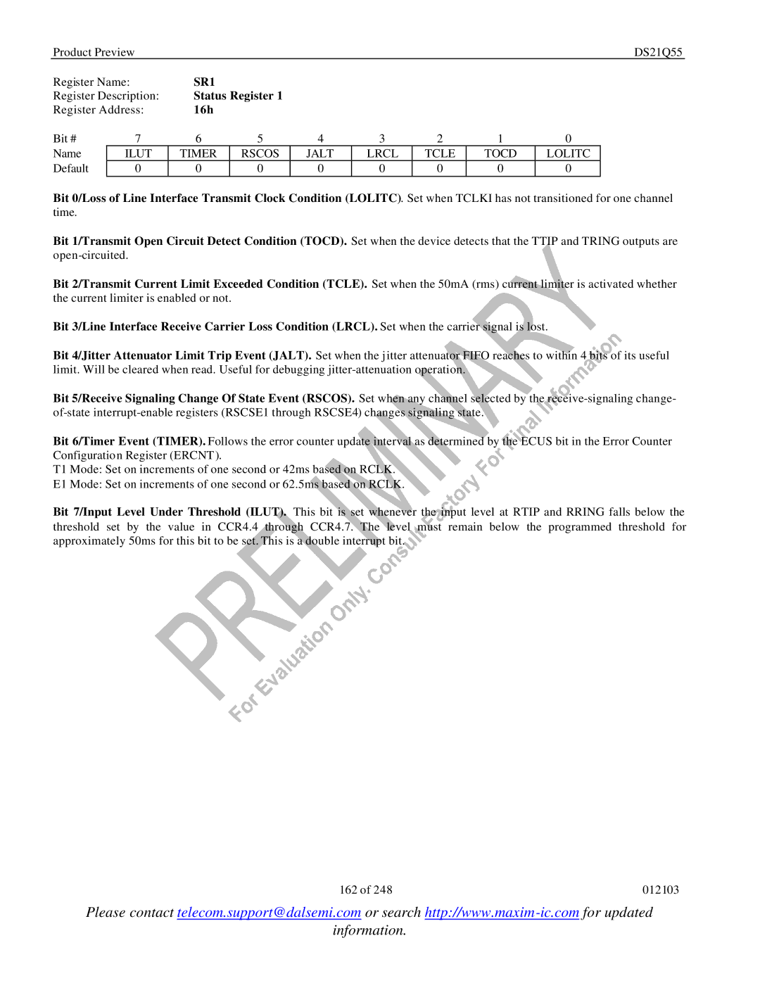 Maxim DS21Q55 specifications SR1, 16h, Ilut Timer Rscos, Lrcl Tcle Tocd Lolitc 