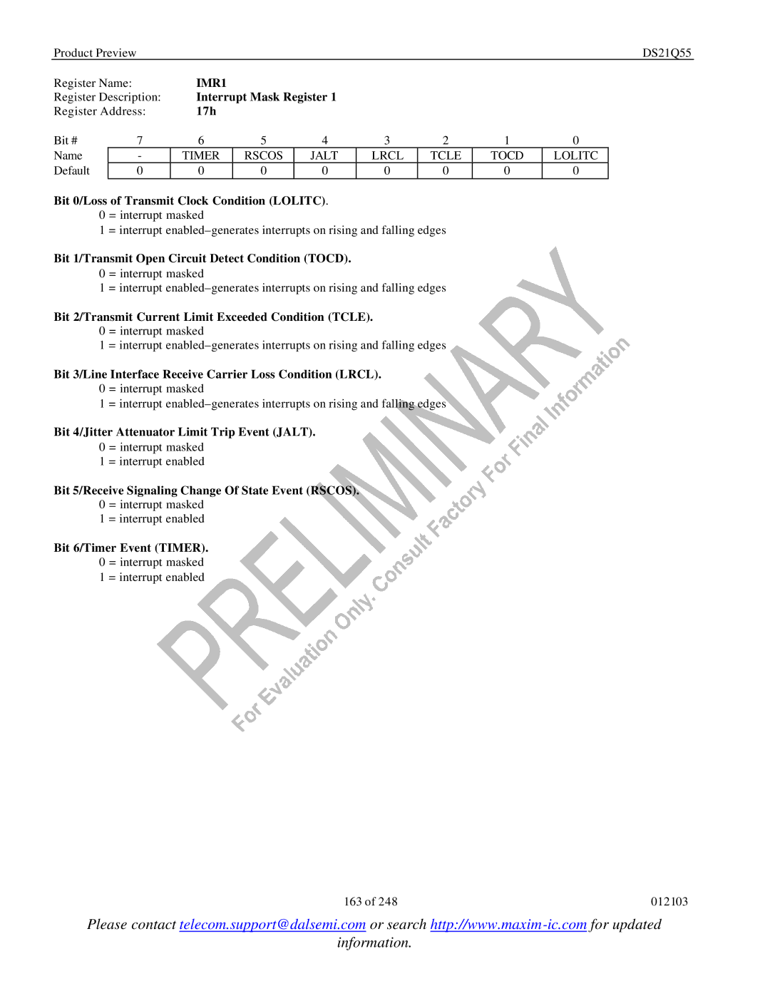 Maxim DS21Q55 specifications IMR1, 17h, Timer Rscos 