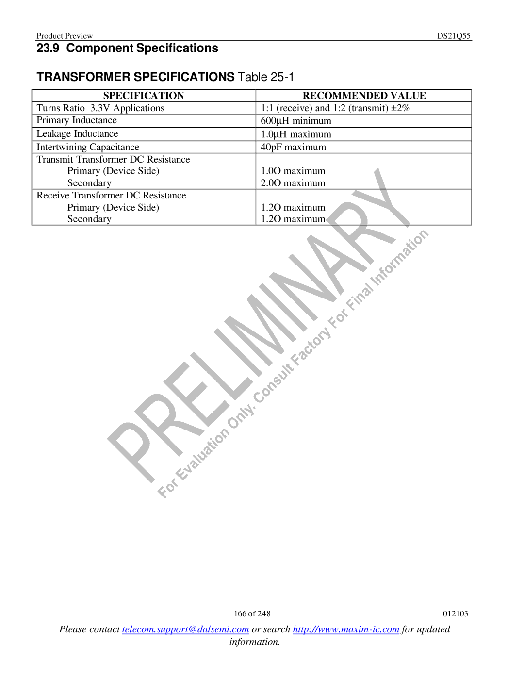 Maxim DS21Q55 specifications Component Specifications Transformer Specifications Table, Specification Recommended Value 