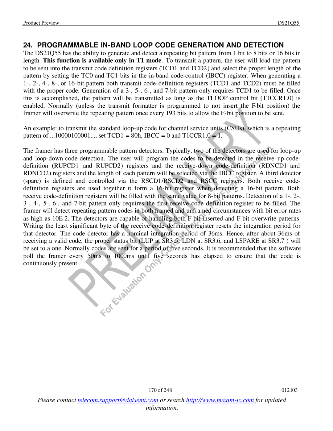 Maxim DS21Q55 specifications Programmable IN-BAND Loop Code Generation and Detection 