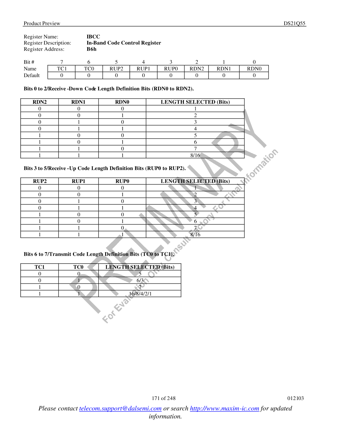 Maxim DS21Q55 specifications Ibcc, RDN2 RDN1 RDN0, RUP2 RUP1 RUP0, TC1 TC0 