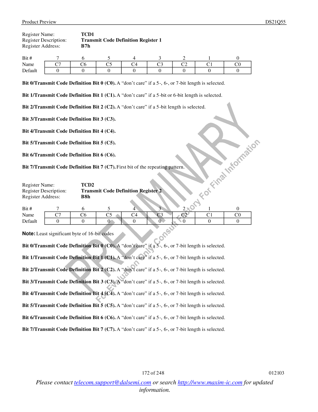 Maxim DS21Q55 specifications TCD1, Transmit Code Definition Register, B7h, TCD2, B8h 