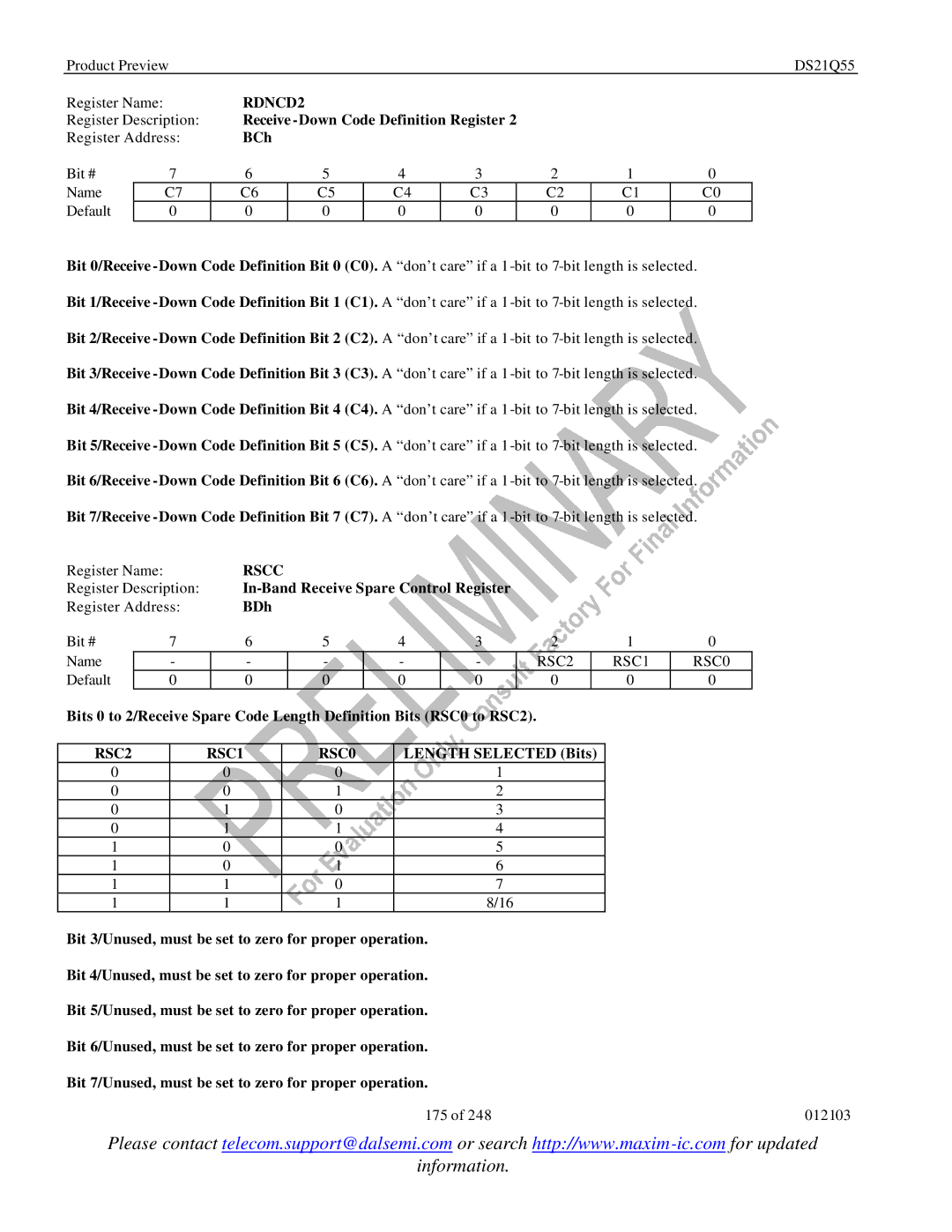 Maxim DS21Q55 specifications RDNCD2, Rscc, RSC2 RSC1 RSC0 