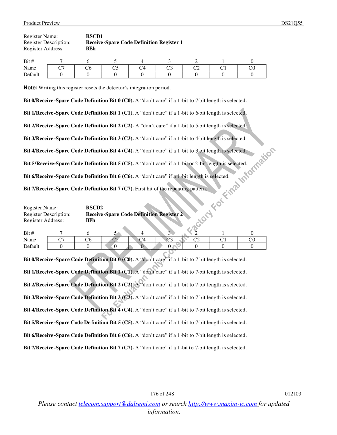 Maxim DS21Q55 specifications RSCD1, Receive -Spare Code Definition Register, BEh, RSCD2, BFh 