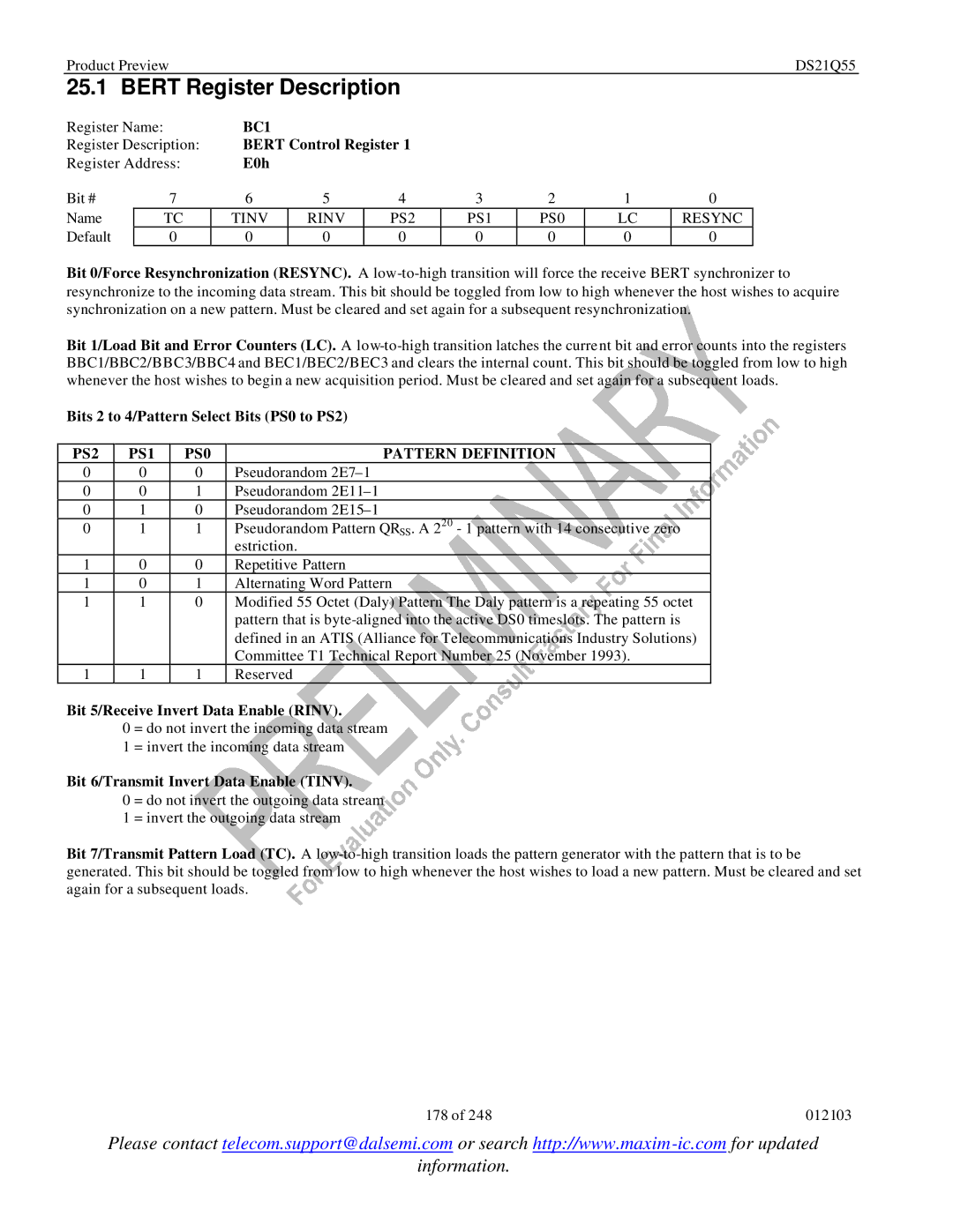 Maxim DS21Q55 specifications Bert Register Description, BC1, PS2 PS1 PS0 Pattern Definition 