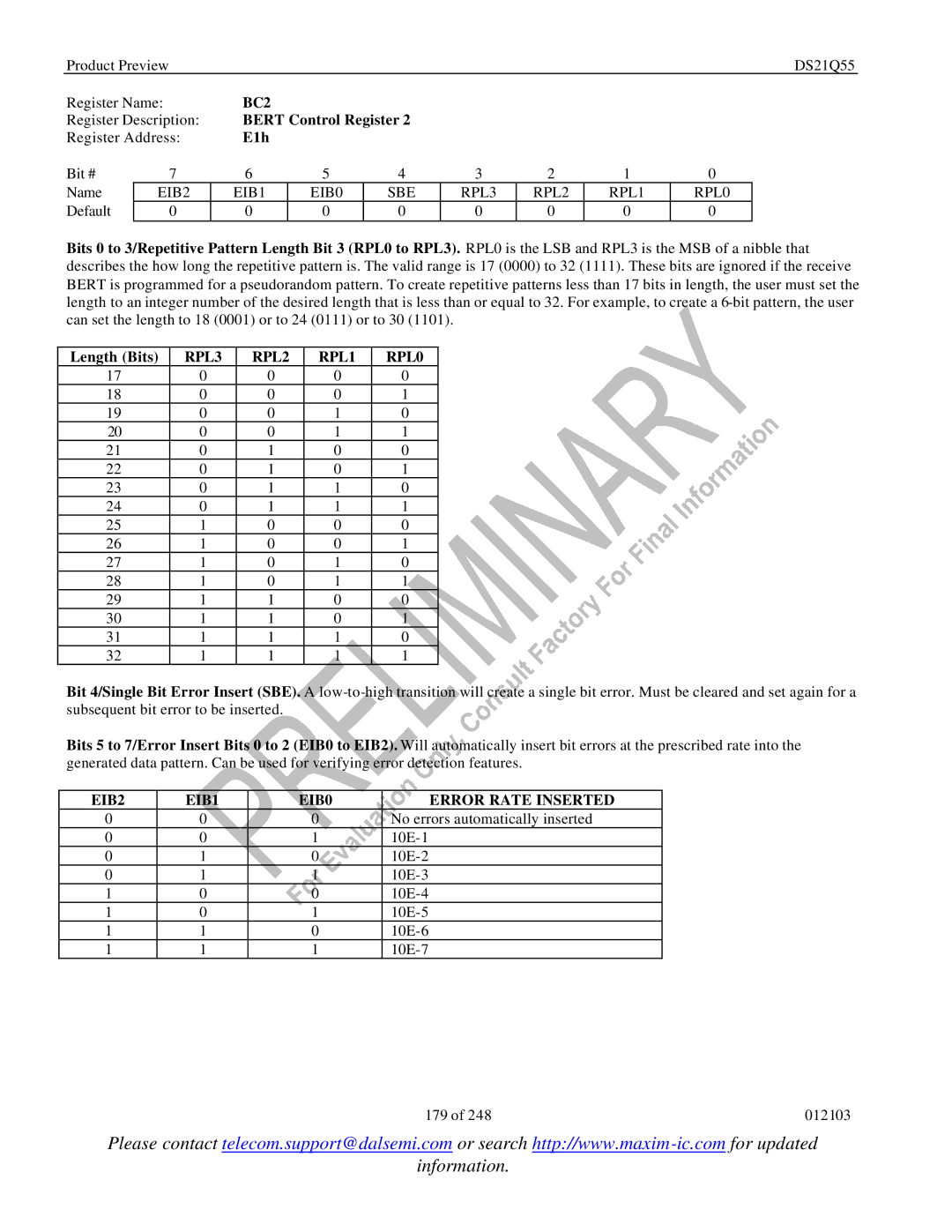 Maxim DS21Q55 specifications BC2, E1h, Length Bits, RPL3 RPL2 RPL1 RPL0, EIB2 EIB1 EIB0 Error Rate Inserted 