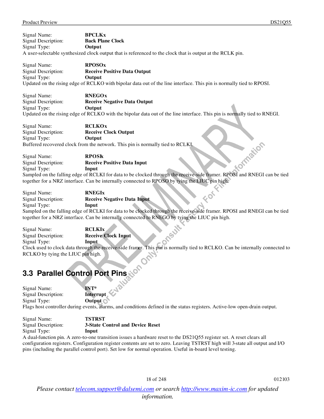 Maxim DS21Q55 specifications Parallel Control Port Pins, Int, Tstrst 