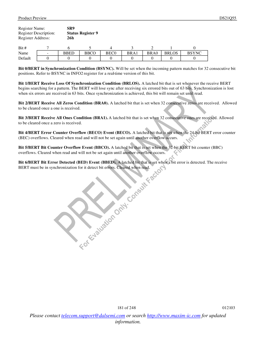 Maxim DS21Q55 specifications SR9, 26h, Bbed Bbco BEC0 BRA1 BRA0 Brlos Bsync 