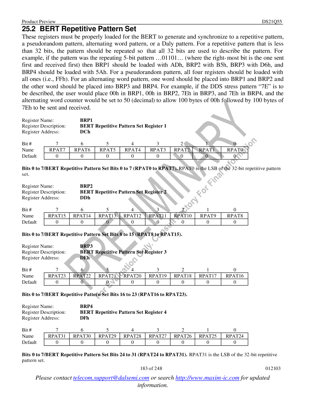 Maxim DS21Q55 specifications Bert Repetitive Pattern Set, BRP1, BRP2, BRP3, BRP4 