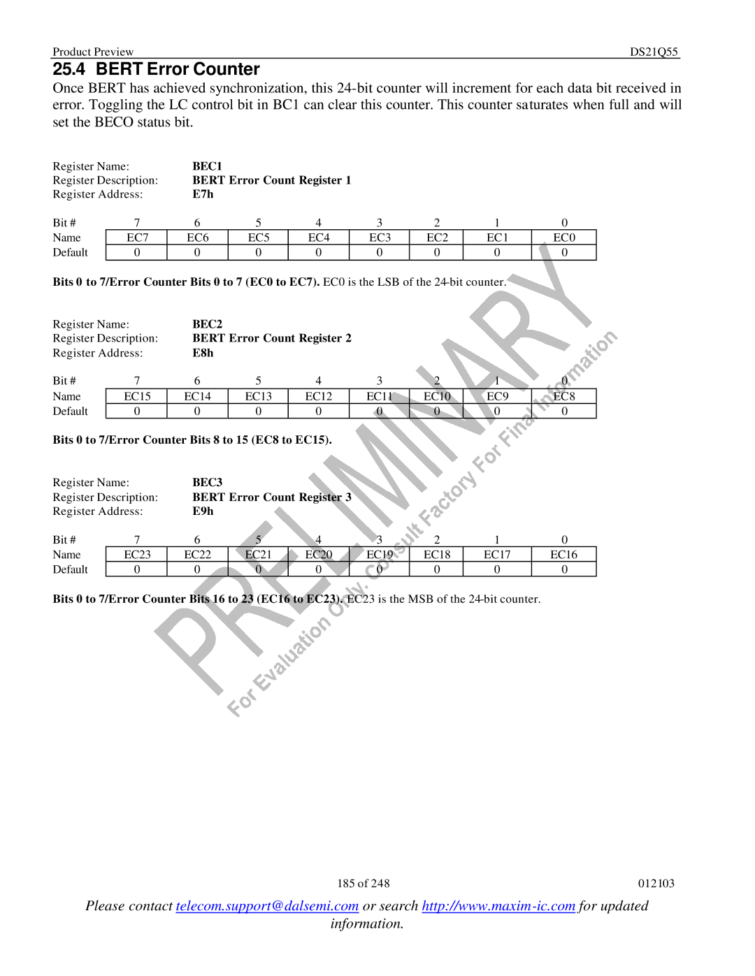 Maxim DS21Q55 specifications Bert Error Counter, BEC1, BEC2, BEC3 