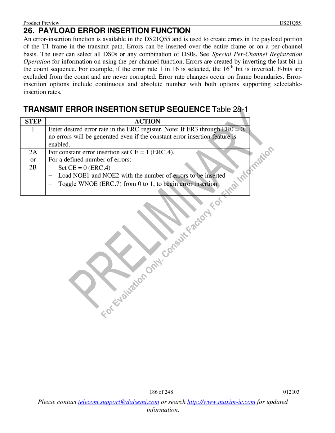 Maxim DS21Q55 specifications Payload Error Insertion Function, Transmit Error Insertion Setup Sequence Table, Step Action 