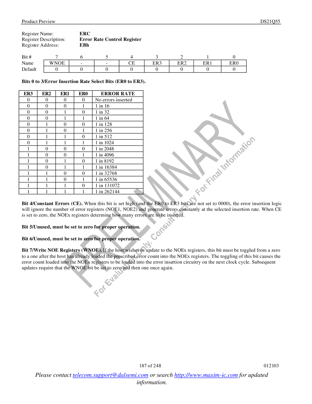 Maxim DS21Q55 specifications Erc, Error Rate Control Register, EBh, Bits 0 to 3/Error Insertion Rate Select Bits ER0 to ER3 