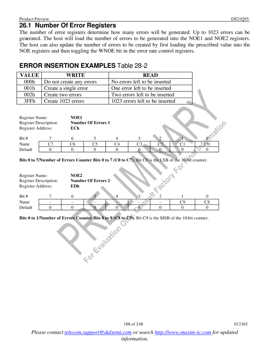 Maxim DS21Q55 specifications Number Of Error Registers, Error Insertion Examples Table, Value Write Read, NOE1, NOE2 