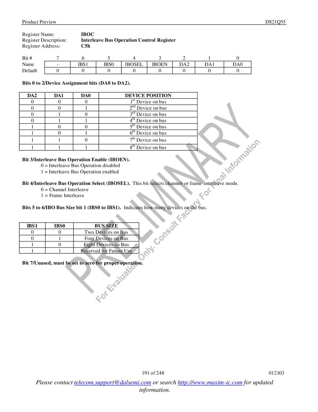 Maxim DS21Q55 specifications Iboc, DA0 Device Position, IBS1 IBS0 BUS Size 