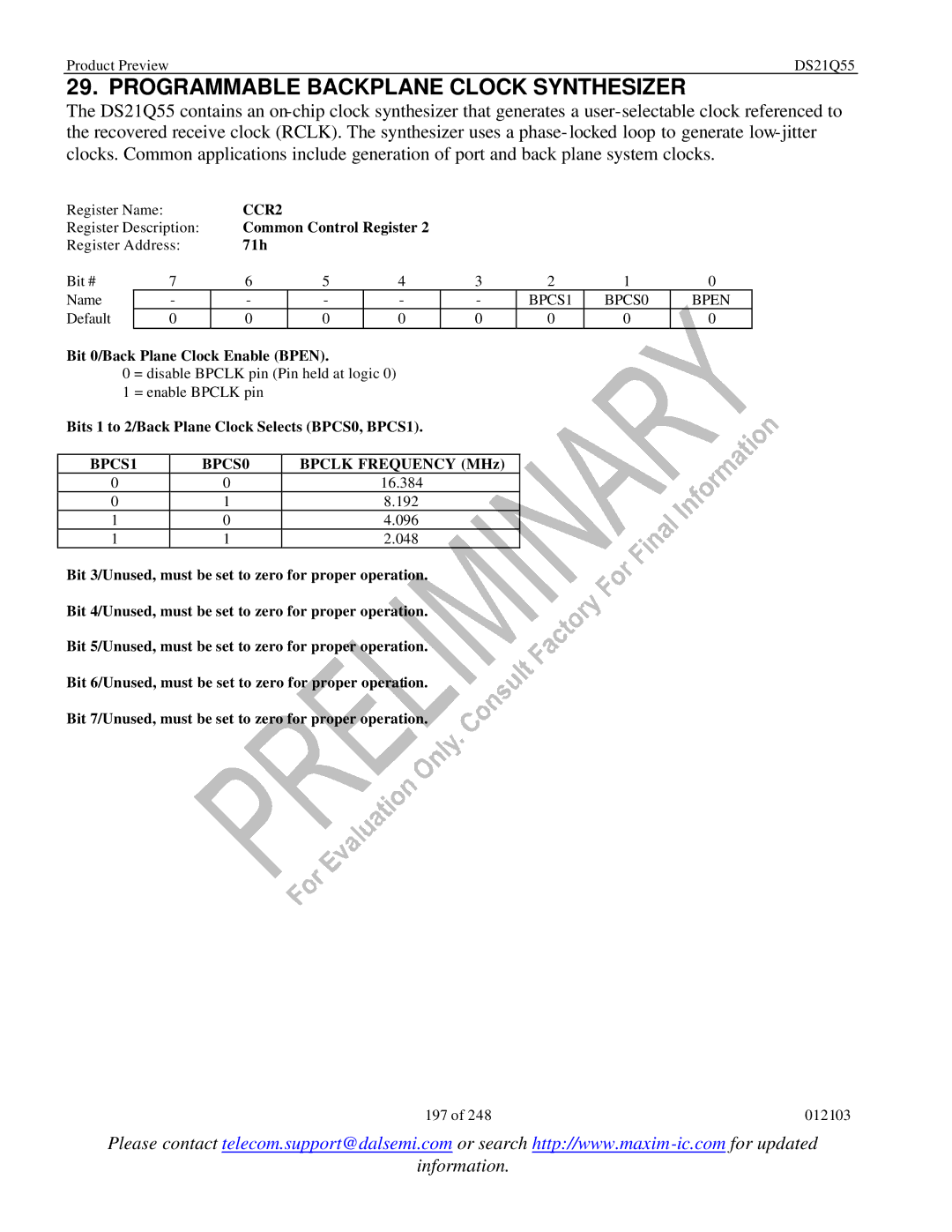 Maxim DS21Q55 specifications Programmable Backplane Clock Synthesizer, CCR2, BPCS1 BPCS0 