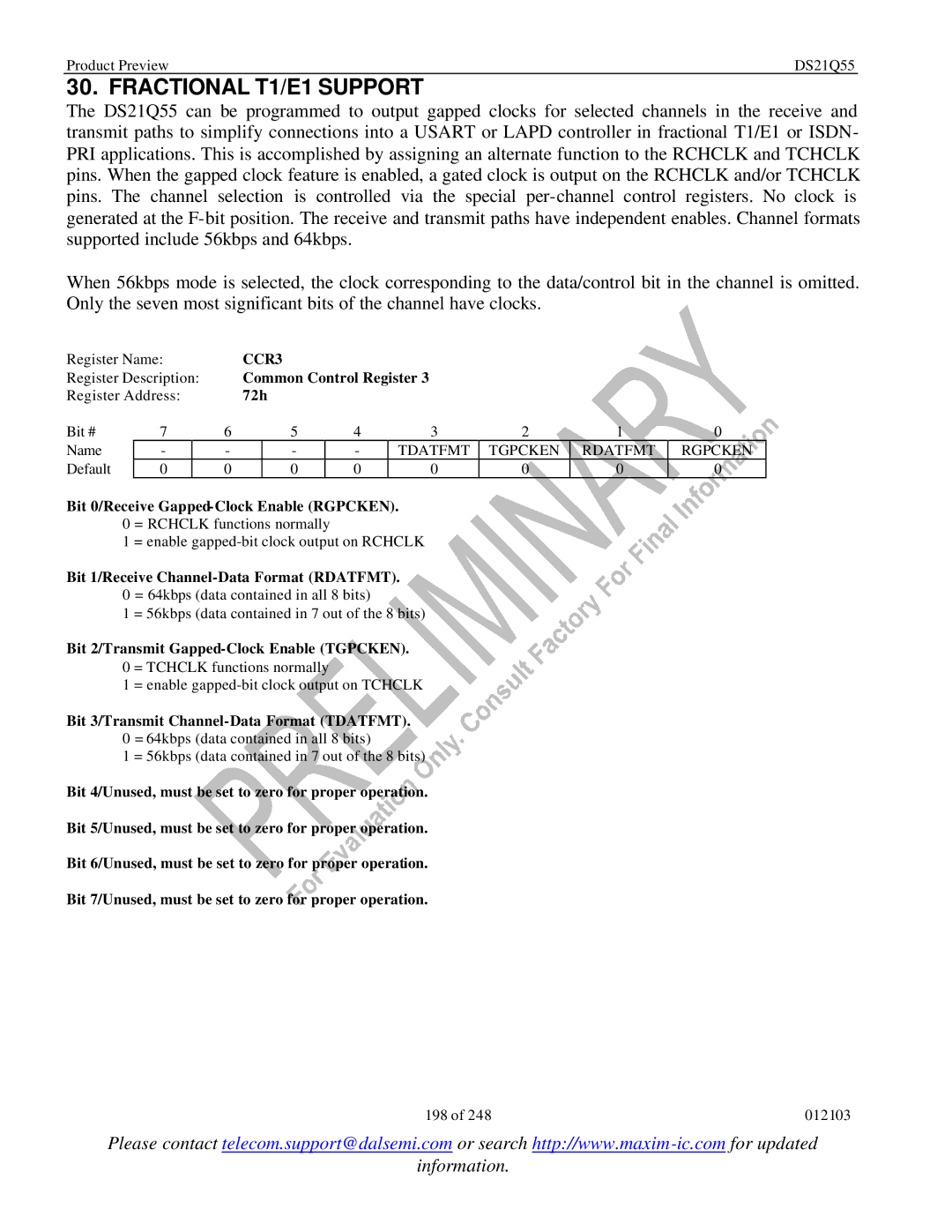 Maxim DS21Q55 specifications Fractional T1/E1 Support, CCR3, 72h, Tdatfmt Tgpcken Rdatfmt Rgpcken 