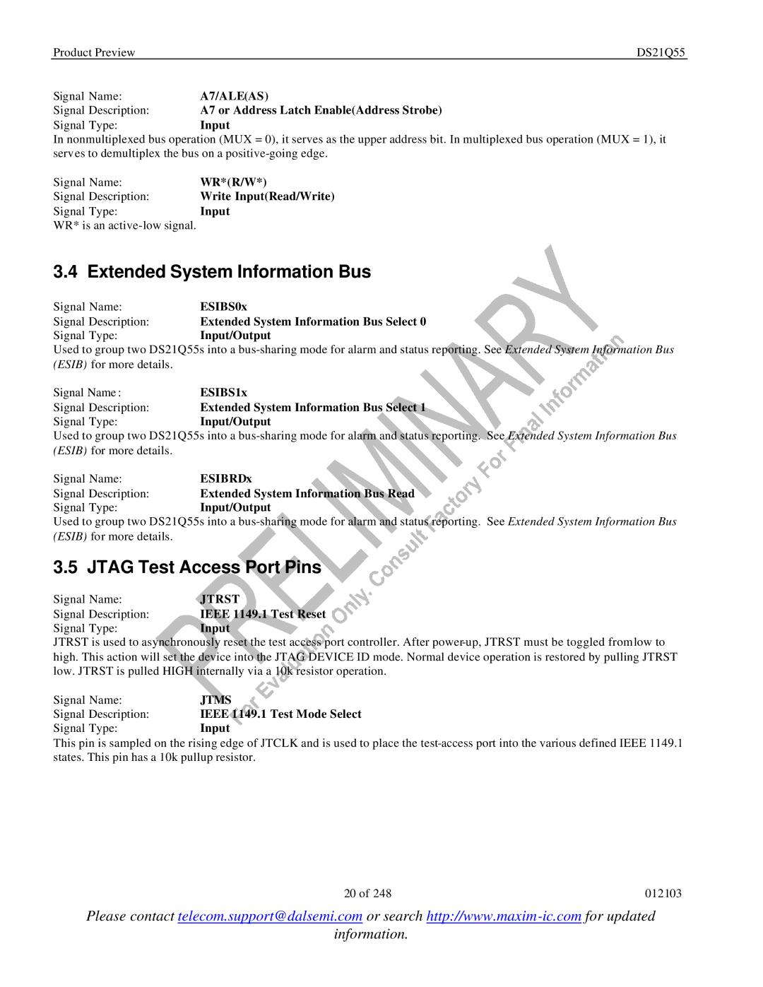 Maxim DS21Q55 specifications Jtag Test Access Port Pins, A7/ALEAS, Jtrst, Jtms 