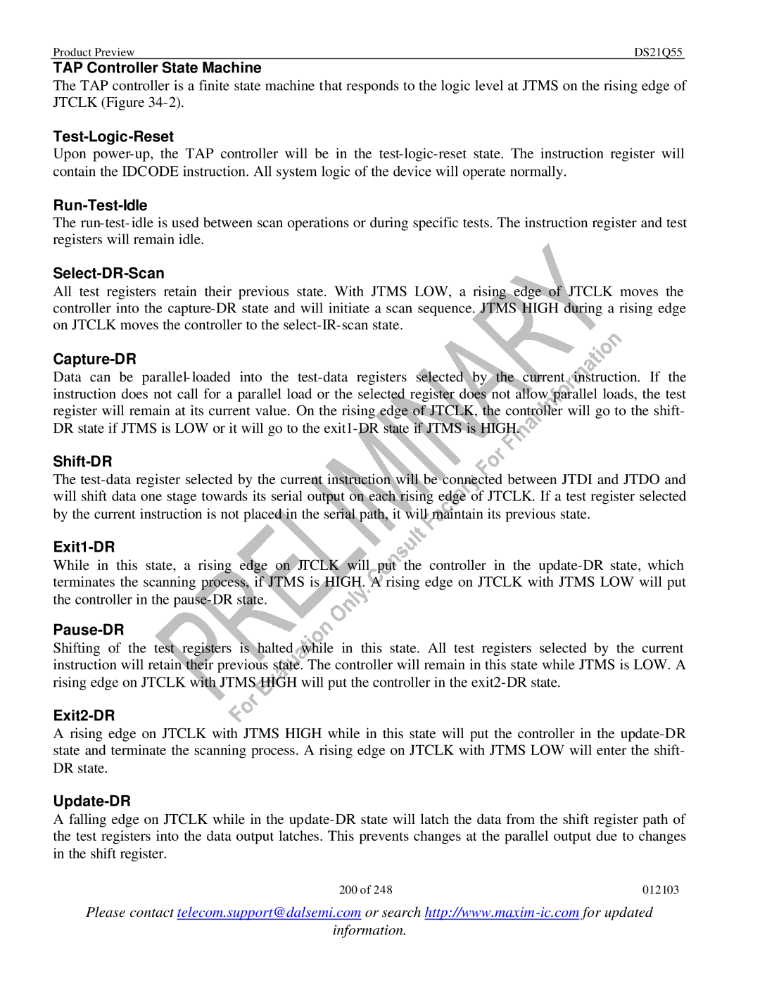 Maxim DS21Q55 TAP Controller State Machine, Test-Logic-Reset, Run-Test-Idle, Select-DR-Scan, Capture-DR, Shift-DR 