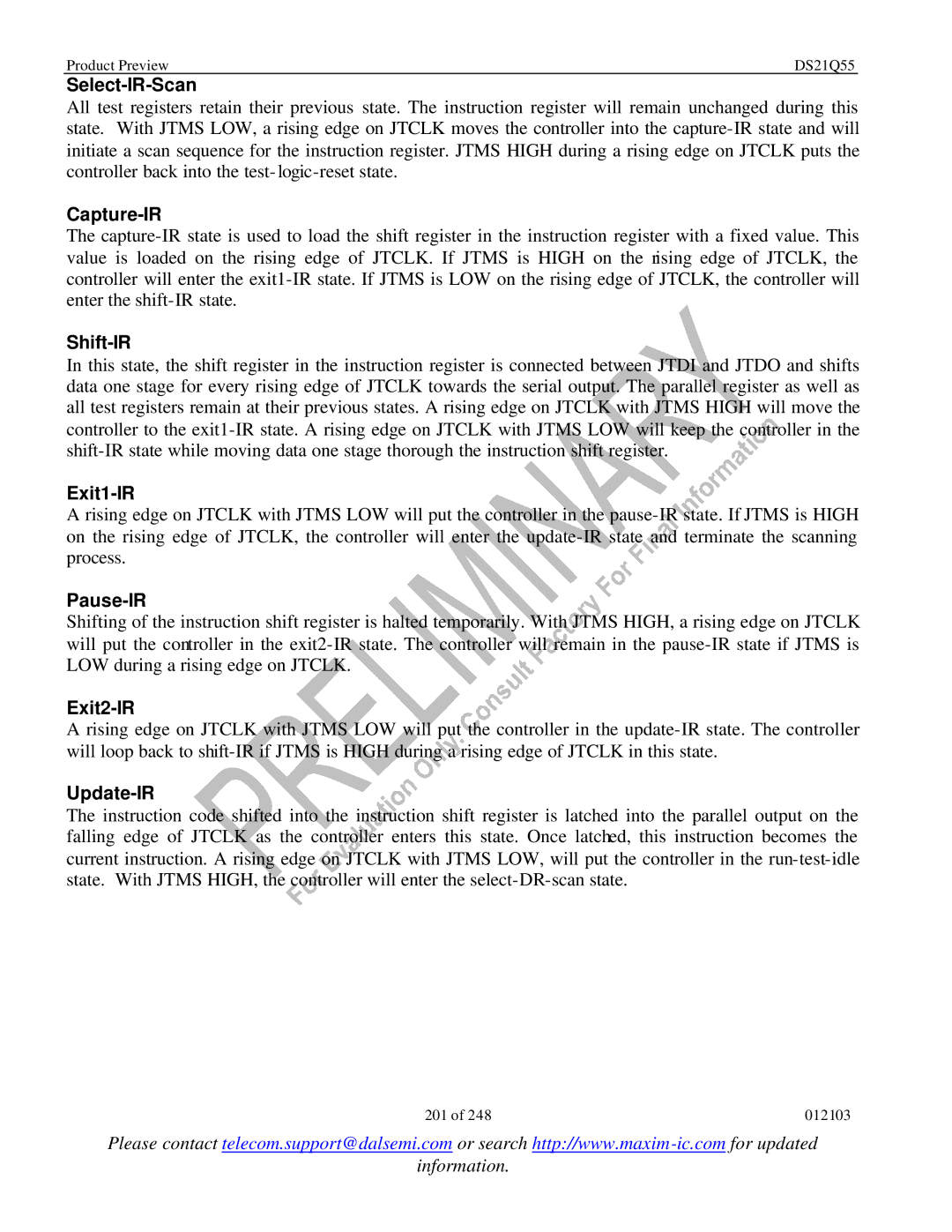 Maxim DS21Q55 specifications Select-IR-Scan, Capture-IR, Shift-IR, Exit1-IR, Pause-IR, Exit2-IR, Update-IR 