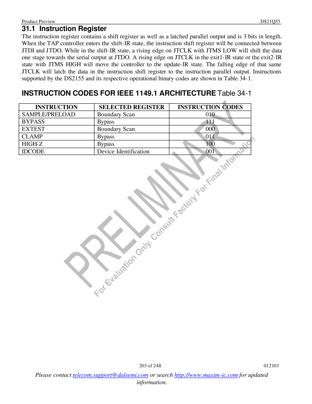 Maxim DS21Q55 specifications Instruction Register, Instruction Codes for Ieee 1149.1 Architecture Table 