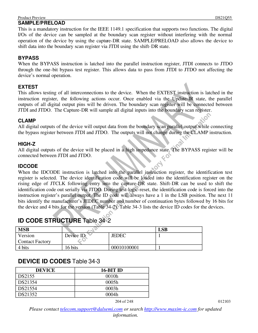 Maxim DS21Q55 specifications ID Code Structure Table, Device ID Codes Table, Msb Lsb, Device BIT ID 