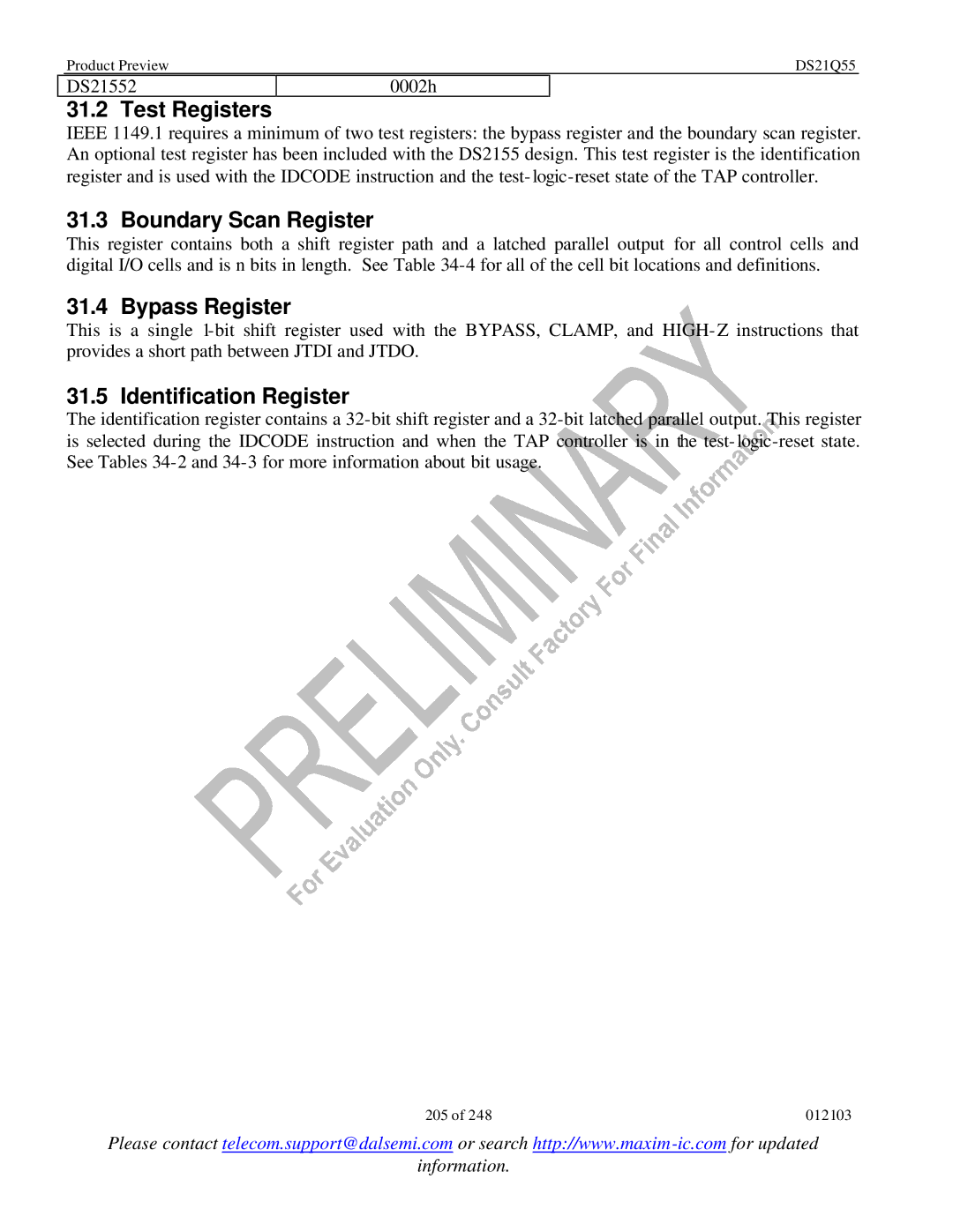 Maxim DS21Q55 specifications Test Registers, Boundary Scan Register, Bypass Register, Identification Register 